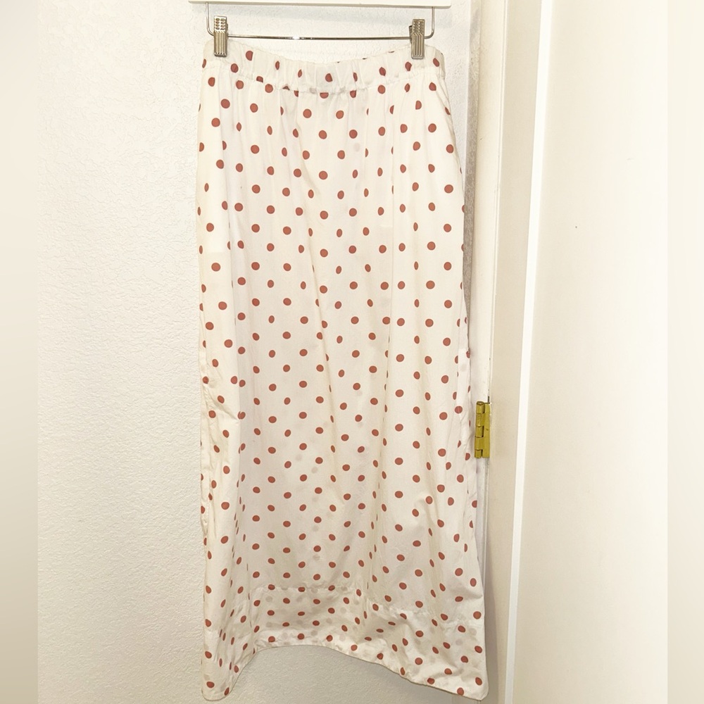 J. Crew White Pink Polka Dot Cotton Maxi Skirt Pockets Side Slit Size M - Picture 2 of 13